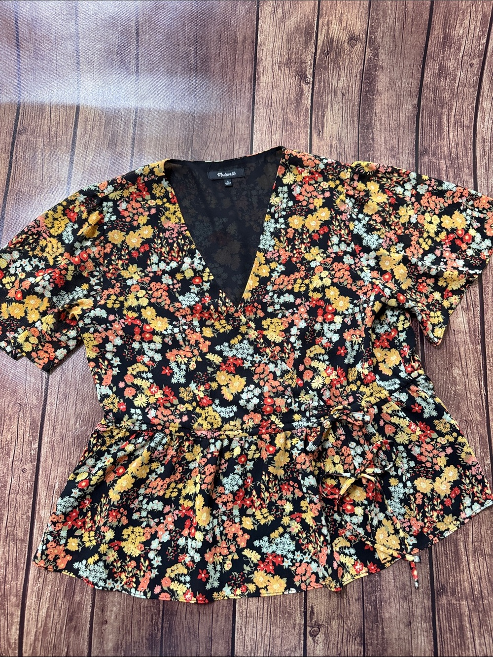 MADEWELL Floral V-Neck Peplum Top - Black with Yellow & Orange Flowers Sz small